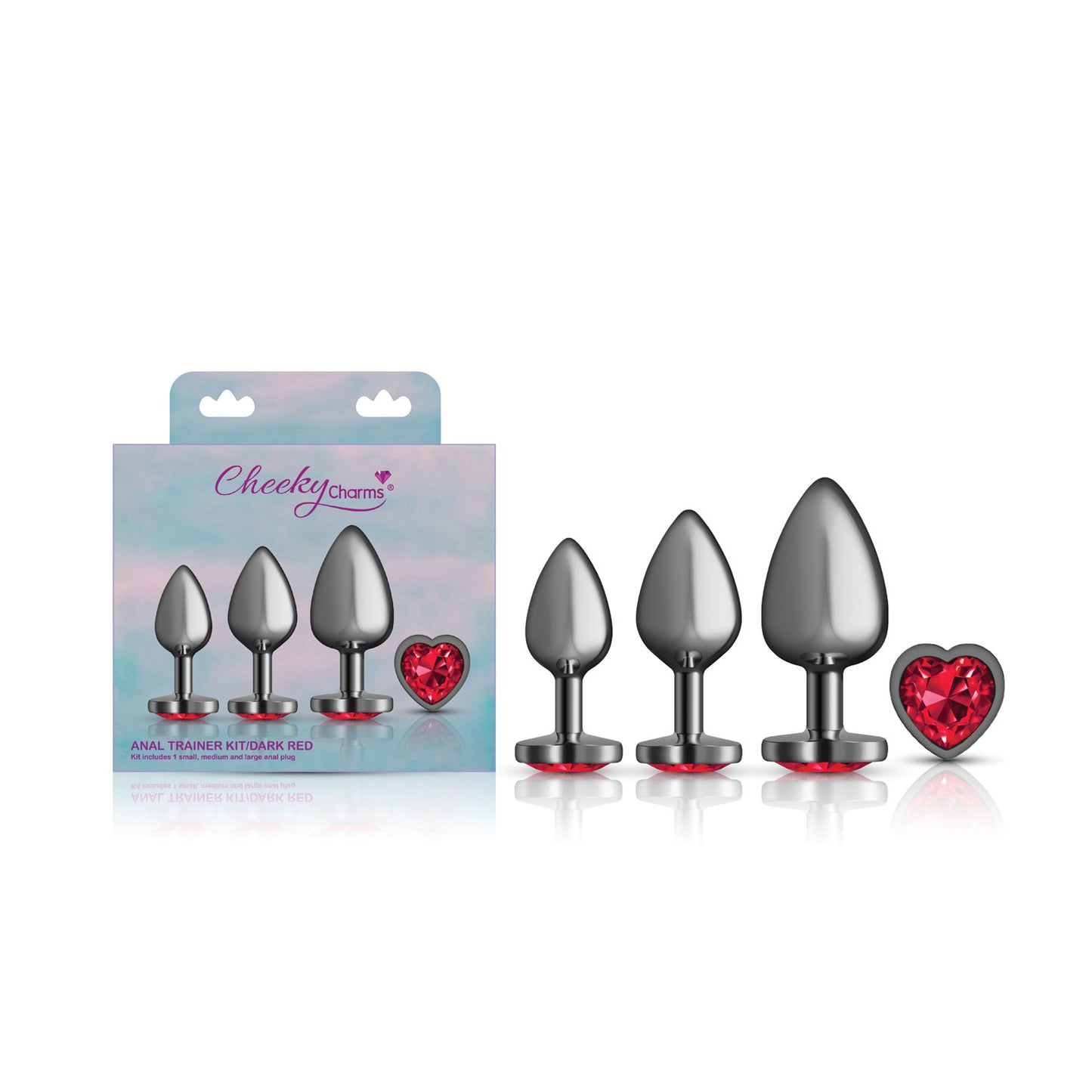 Cheeky Charms - Metal Butt Plug Gunmetal - Heart Dark Red - Anal Trainer Kit | 850018691529 | Available at EroticWarehouse.com