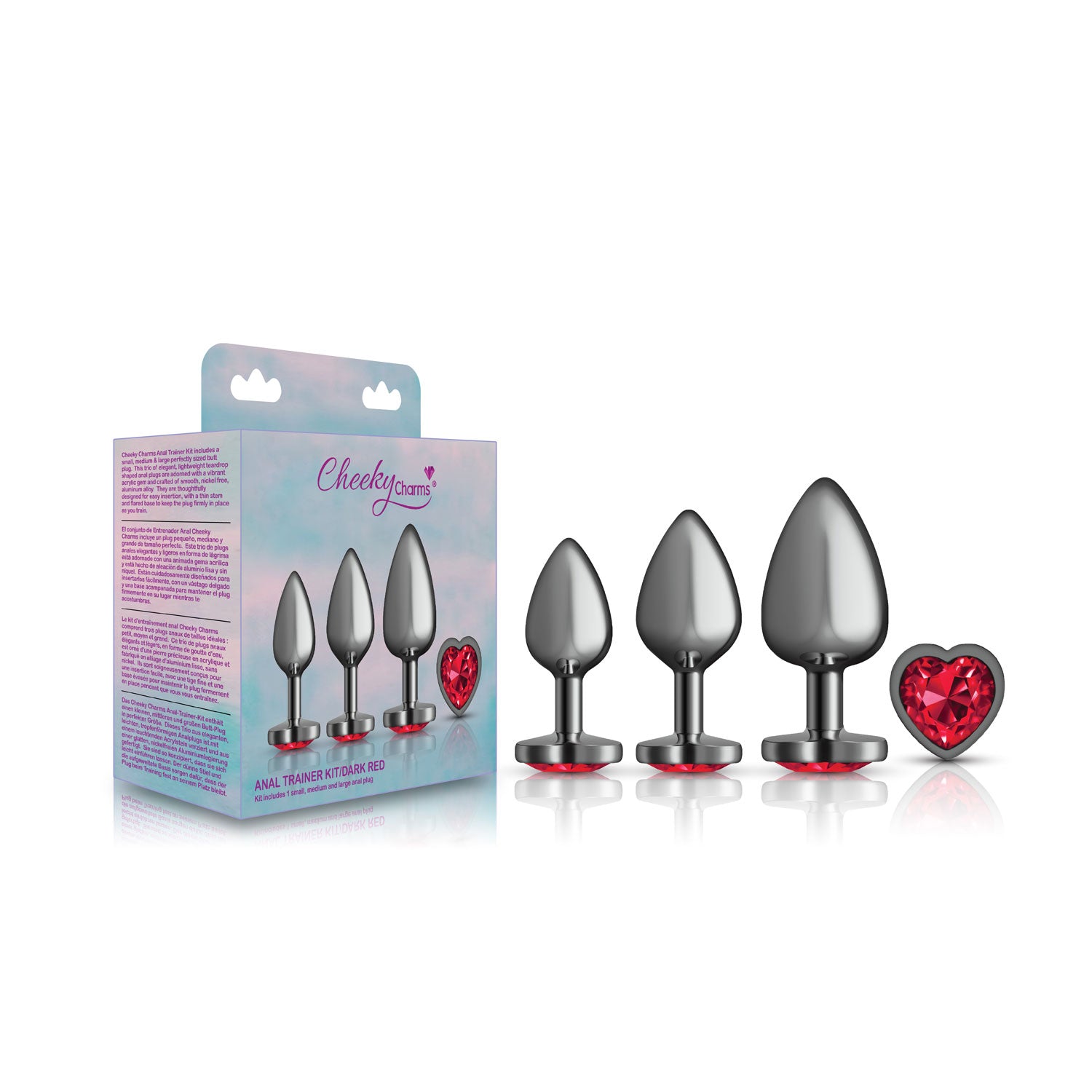 Cheeky Charms - Metal Butt Plug Gunmetal - Heart Dark Red - Anal Trainer Kit | 850018691529 | Available at EroticWarehouse.com