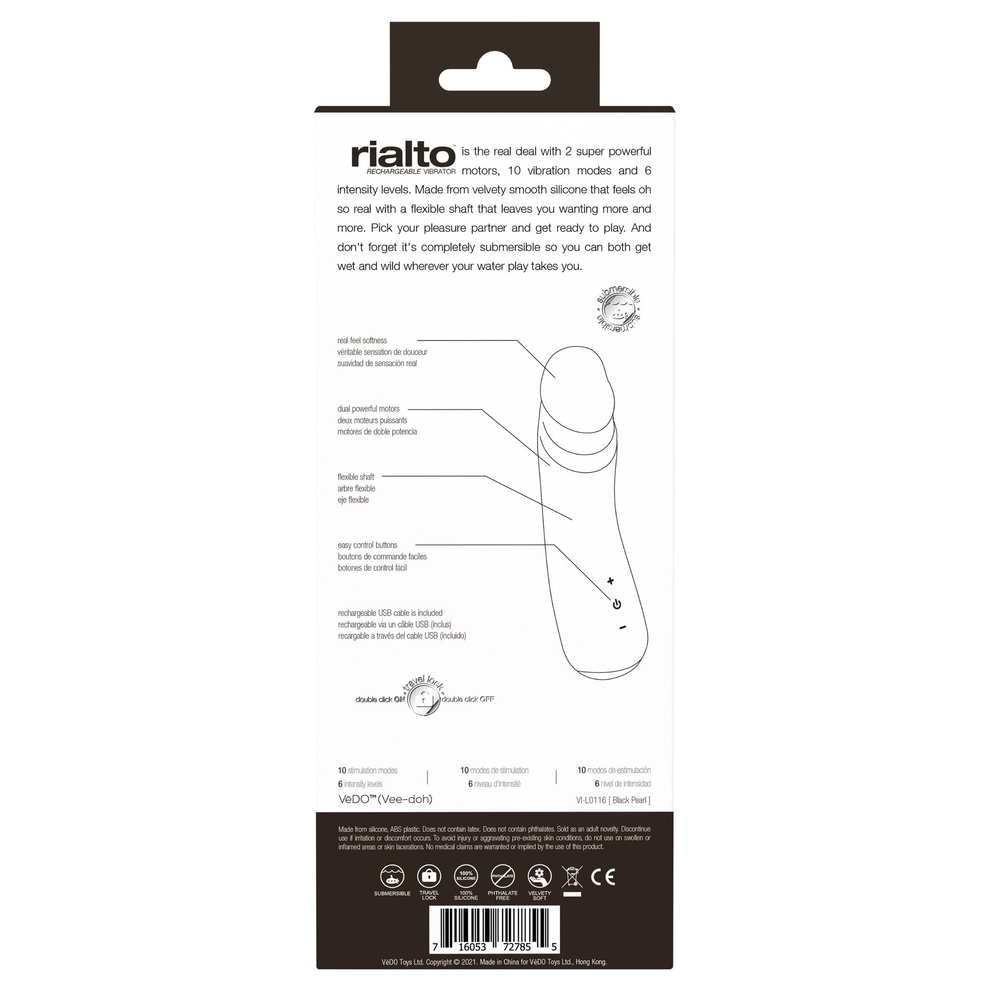 Rialto Rechargeable Vibrator - Black | 716053727855 | Available at EroticWarehouse.com