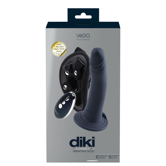 Diki Rechargeable Vibrating Dildo With Harness - Just Black | 716053727961 | Available at EroticWarehouse.com