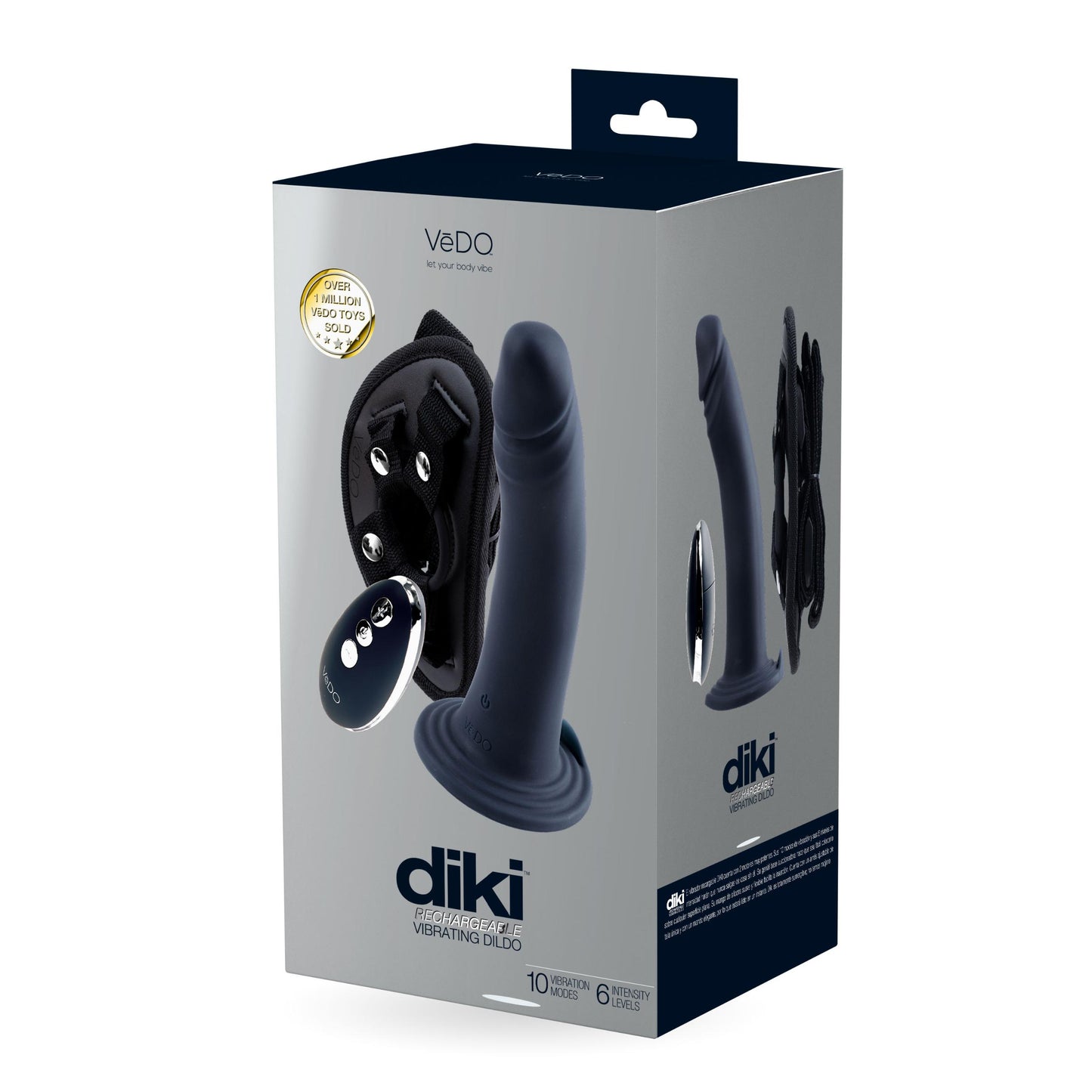 Diki Rechargeable Vibrating Dildo With Harness - Just Black | 716053727961 | Available at EroticWarehouse.com
