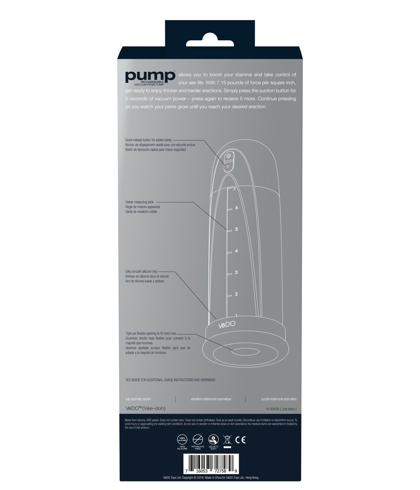 Pump Rechargeable Vacuum Penis - Just Black | 716053727589 | Available at EroticWarehouse.com