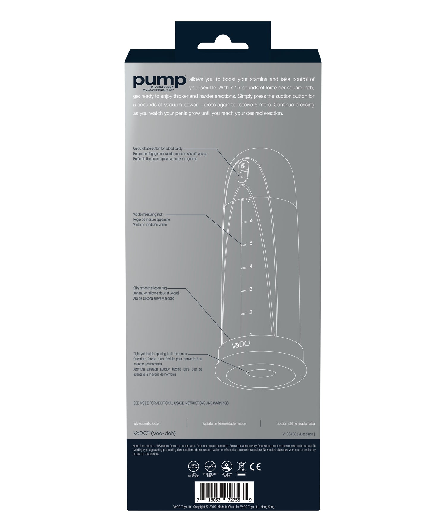 Pump Rechargeable Vacuum Penis - Just Black | 716053727589 | Available at EroticWarehouse.com