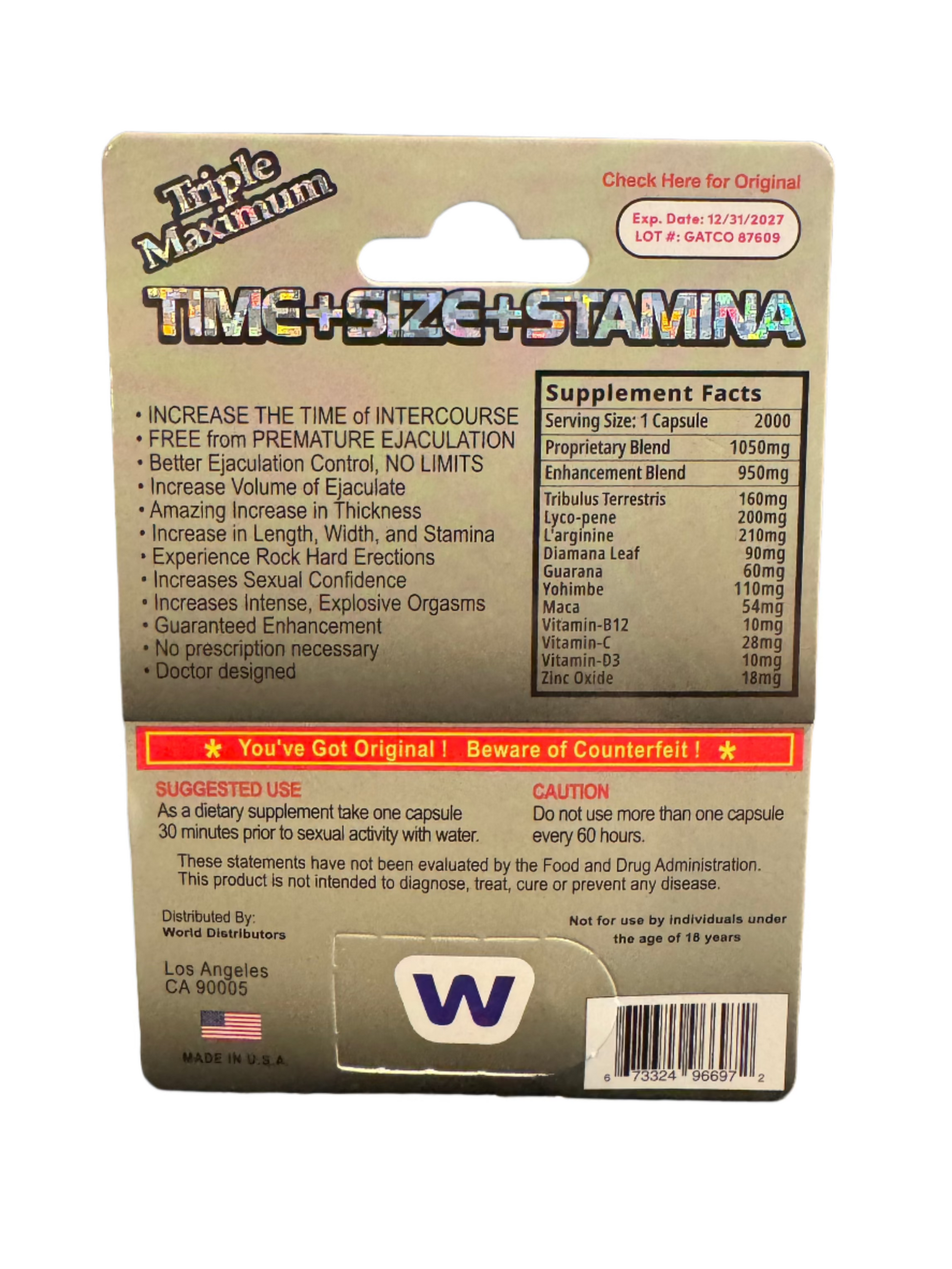 Triple Wild Platinum Male Sexual Enhancement 24 Pack by Tracy Sales 673324966996 available at EroticWarehouse.com